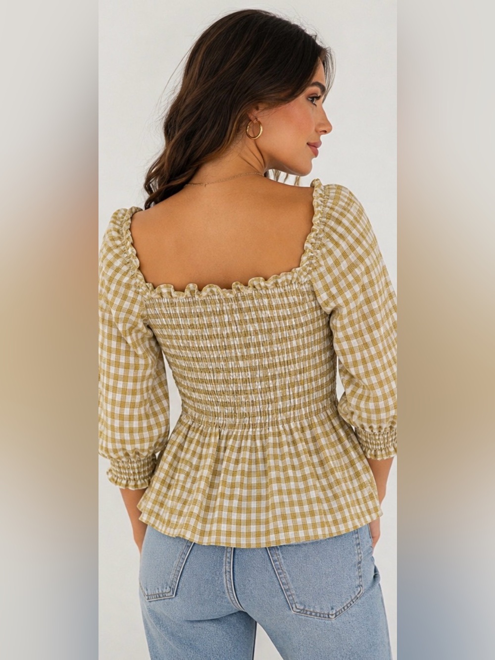 Max Studio Gingham Smocked Peplum Top Puff Sleeve Square Neck NWT  Size L - Picture 8 of 13